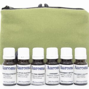 Set of seven small essential oil bottles in front of a green pouch.