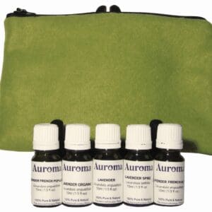 Five small white bottles labeled Auroram in front of a green pouch.