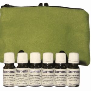 A set of seven small essential oil bottles labeled 'Auroras'.